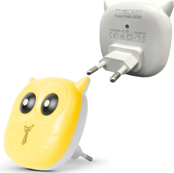 PHENOM - Automatisch Nachtlampje voor in stopcontact - met Dag/Nacht Sensor -Uil Geel -Voor kinderen & Volwassenen